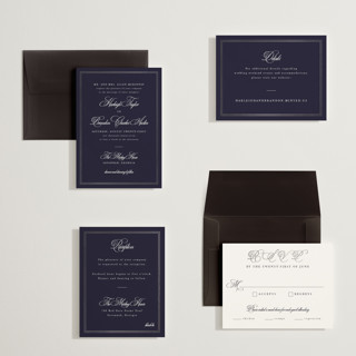 This is a navy petite wedding invitations with foil pressed by Sarah Brown called traditionalist printing on signature in petite
