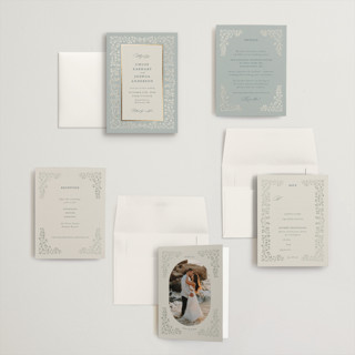 This is a something blue petite wedding invitations with foil pressed by Gwen Bedat called floral romance printing on signature in petite