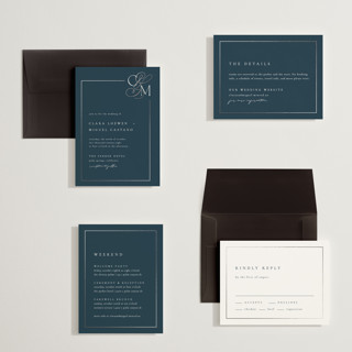 This is a navy petite wedding invitations with foil pressed by Kelly Schmidt called golden ampersand printing on signature in petite