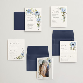 This is a azure petite wedding invitations with foil pressed by Susan Moyal called timeless blooms printing on signature in petite