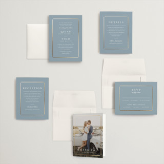 This is a dusty blue petite wedding invitations with foil pressed by Stacey Meacham called elegant bevel printing on signature in petite