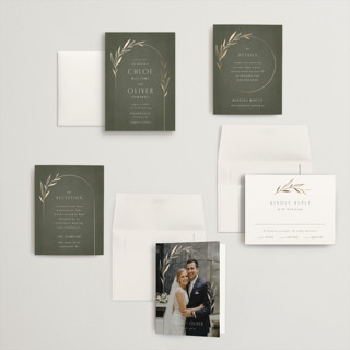 This is a moss petite wedding invitations with foil pressed by Kelly Schmidt called botanical arches printing on signature in petite