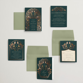 This is a deep sea petite wedding invitations with foil pressed by Erin German called autumnal arch printing on signature in petite