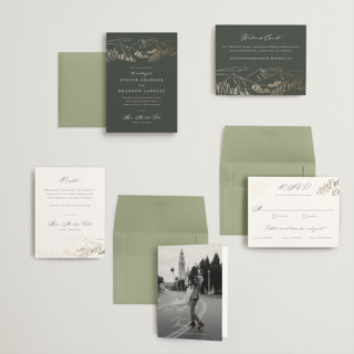 This is a hunter petite wedding invitations with foil pressed by Sarah Brown called peaks printing on signature in petite