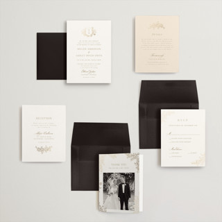 This is a champagne petite wedding invitations with foil pressed by Cass Loh called floral crest printing on signature in petite