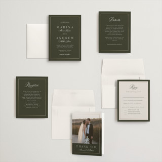 This is a deep olive petite wedding invitations with foil pressed by Nicole Walsh called refined printing on signature in petite