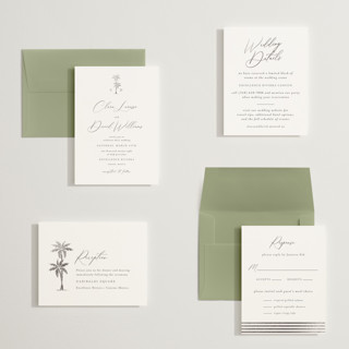 This is a dusty blue petite wedding invitations with foil pressed by Olivia Raufman called palm monogram printing on signature in petite