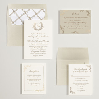 This is a ivory foil stamped wedding invitations with foil pressed by Cass Loh called boho flower crest printing on signature in standard