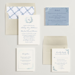 This is a powder mist foil stamped wedding invitations with foil pressed by Cass Loh called boho flower crest printing on signature in standard