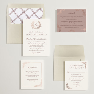 This is a muted petal foil stamped wedding invitations with foil pressed by Cass Loh called boho flower crest printing on signature in standard