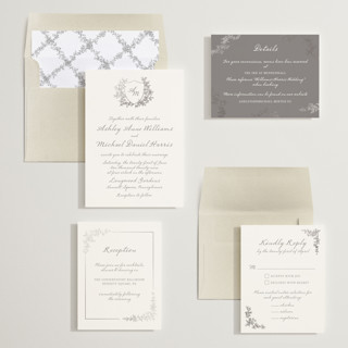 This is a moonlit onyx foil stamped wedding invitations with foil pressed by Cass Loh called boho flower crest printing on signature in standard