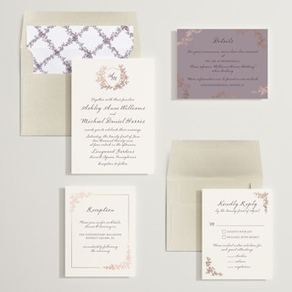 This is a violet bloom foil stamped wedding invitations with foil pressed by Cass Loh called boho flower crest printing on signature in standard