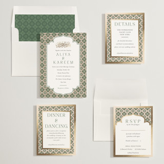 This is a evergreen foil stamped wedding invitations with foil pressed by Oma N. Ramkhelawan called kareem printing on signature in standard