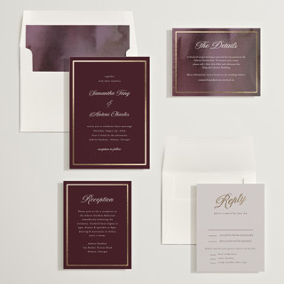 This is a merlot foil stamped wedding invitations with foil pressed by Nicole Walsh called tux printing on signature in standard
