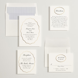 This is a pearl foil stamped wedding invitations with foil pressed by Baumbirdy called scallop frame printing on signature in standard