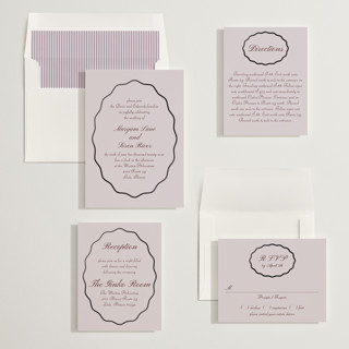 This is a lavender foil stamped wedding invitations with foil pressed by Baumbirdy called scallop frame printing on signature in standard