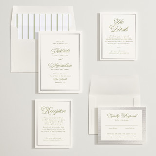 This is a olive foil stamped wedding invitations with foil pressed by Ellen Schlegelmilch called museo printing on signature in standard