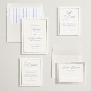 This is a periwinkle foil stamped wedding invitations with foil pressed by Ellen Schlegelmilch called museo printing on signature in standard
