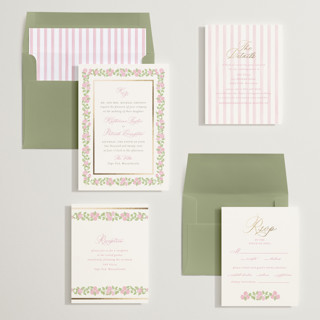 This is a blush foil stamped wedding invitations with foil pressed by Creo Study called pillowy border printing on signature in standard