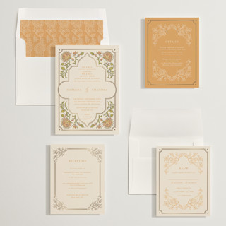 This is a ochre foil stamped wedding invitations with foil pressed by Hannah Bowman called marigold printing on signature in standard