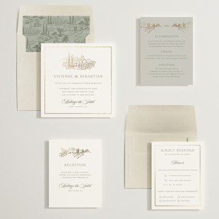 This is a sage green foil stamped wedding invitations with foil pressed by Lucrecia Caporale called country elegance printing on signature in standard