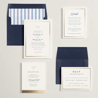 This is a royal navy foil stamped wedding invitations with foil pressed by Olivia Raufman called anchored printing on signature in standard