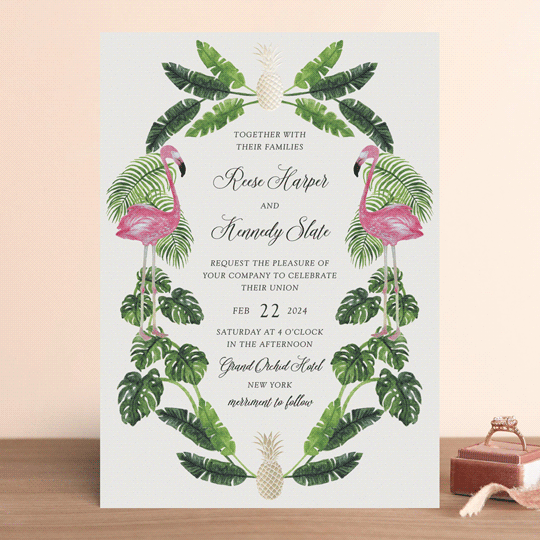 tropical foil pressed wedding invitations by elly minted
