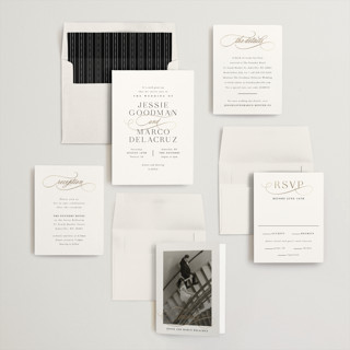 This is a pearl foil stamped wedding invitations with foil pressed by Hooray Creative called black tie affair printing on signature in standard