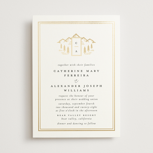 "Summit Serenity" - Destination, Rustic Foil-pressed Wedding Invitations in Quartz by Ana de Sousa.
