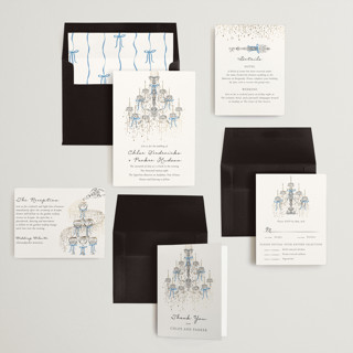 This is a cobalt foil stamped wedding invitations with foil pressed by Jackie Crawford called hand illustrated whimsical chandelier printing on signature in standard