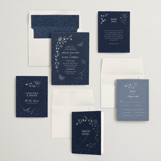 This is a sapphire foil stamped wedding invitations with foil pressed by Simona Camp called southern romance printing on signature in standard