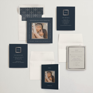 This is a navy foil stamped wedding invitations with foil pressed by Stacy Maalouf called framed photo printing on recycled smooth signature in standard