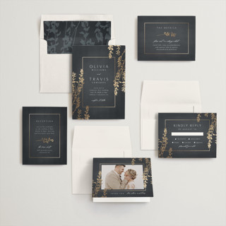 This is a navy foil stamped wedding invitations with foil pressed by Kelly Schmidt called quince printing on signature in standard