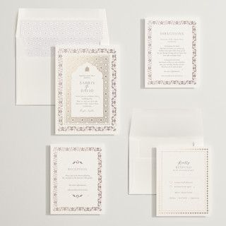 This is a orchid foil stamped wedding invitations with foil pressed by Sabrin Deirani called islamic arch printing on signature in standard