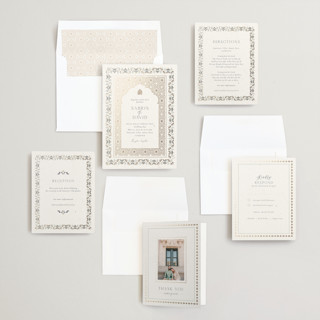 This is a sage foil stamped wedding invitations with foil pressed by Sabrin Deirani called islamic arch printing on signature in standard