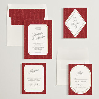 This is a crimson foil stamped wedding invitations with foil pressed by Studio Suku called moiré printing on signature in standard