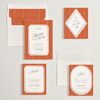 This is a pumpkin foil stamped wedding invitations with foil pressed by Studio Suku called moiré printing on signature in standard