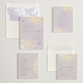 This is a lilac foil stamped wedding invitations with foil pressed by Shannon Chen of Four Wet Feet Studio called happiness printing on signature in standard