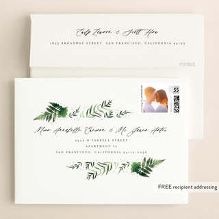 This is a sky foil stamped wedding invitations with foil pressed by Kristie Kern called framed in ferns printing on signature in standard