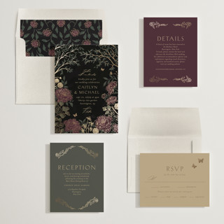 This is a midnight plum foil stamped wedding invitations with foil pressed by Grae called dancing in the garden printing on signature in standard