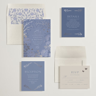 This is a evening periwinkle foil stamped wedding invitations with foil pressed by Grae called dancing in the garden printing on signature in standard