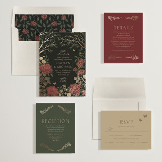 This is a royal garnet foil stamped wedding invitations with foil pressed by Grae called dancing in the garden printing on signature in standard