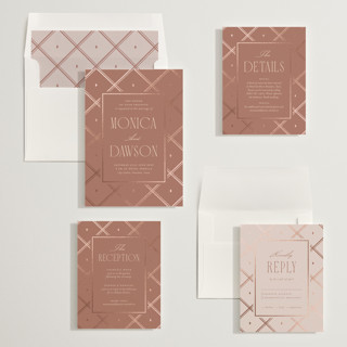 This is a dusty rose foil stamped wedding invitations with foil pressed by Kristin Oliversen called luxe lines printing on signature in standard