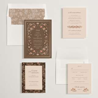 This is a chocolate foil stamped wedding invitations with foil pressed by Paola Benenati called blooming path printing on signature in standard