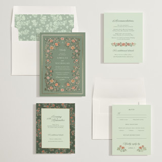 This is a sage foil stamped wedding invitations with foil pressed by Paola Benenati called blooming path printing on signature in standard