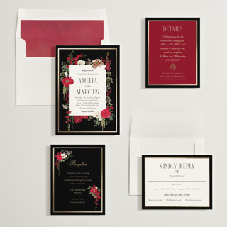 This is a crimson foil stamped wedding invitations with foil pressed by Susan Moyal called flouriishing printing on signature in standard