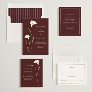 This is a claret foil stamped wedding invitations with foil pressed by Stacey Meacham called elegant lillies printing on signature in standard