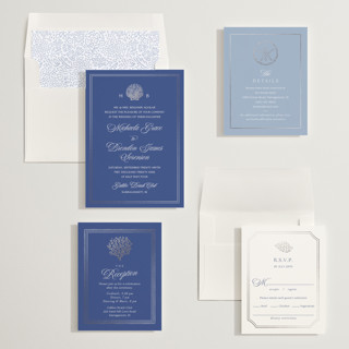 This is a cobalt foil stamped wedding invitations with foil pressed by Griffinbell Paper Co. called seaside printing on signature in standard