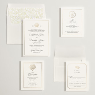 This is a vermeil foil stamped wedding invitations with foil pressed by Griffinbell Paper Co. called seaside printing on signature in standard