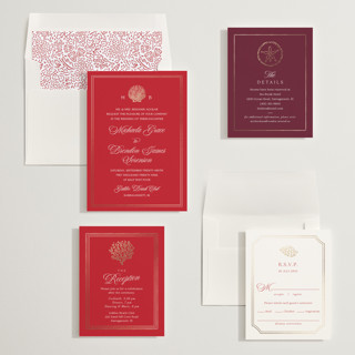 This is a crimson foil stamped wedding invitations with foil pressed by Griffinbell Paper Co. called seaside printing on signature in standard